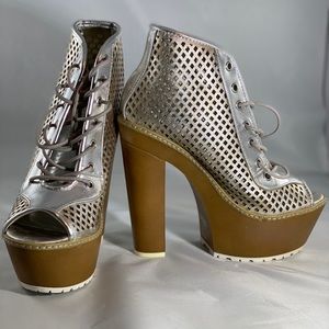 Silver ankle peep toe lace up chunky platform heel